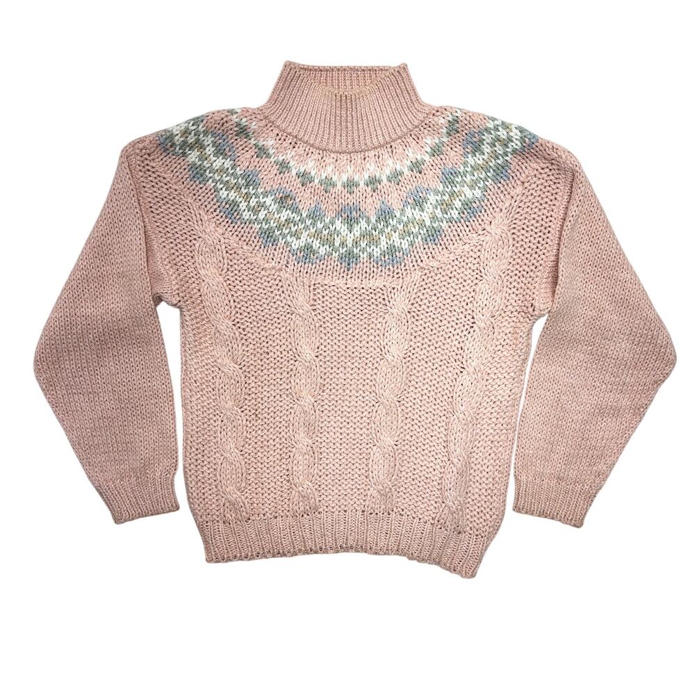Vintage Currants Jeri-Jo Sweater Small Women Pink Knit Fair Isle Mock Neck Korea